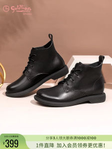 Goldlion Genuine Leather Martin Boots Womens Flat Bottom round Toe Short Boots Autumn Season Versatile Black Casual Boots
