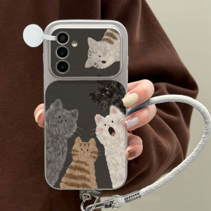 Cute Cats Lanyard Case For Samsung S24 FE S26 Ultra S25 Plus A56 A57 A55 A07 A16 A36 A17 A37 A27 Leather Soft Shockproof Cover