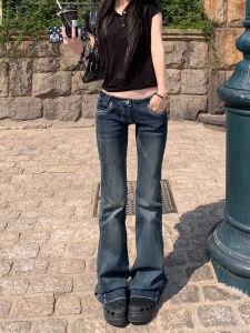 Quần Jeans Denim Ống Loe Co Giãn Màu Xanh Đậm Cạp Lows Quần Jeans Nữ Mùa Hè Mới Quần Jeans Ống Loe Co Giãn Thường Ngày