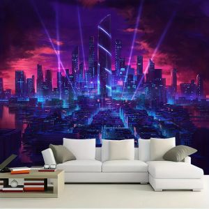 VIKAMA ผ้าแขวนผนังลายเมืองไซเบอร์พังก์ โทนสีน้ำเงิน-ม่วง ภาพวิวกลางคืนแบบนีออน สำหรับตกแต่งผนังห้องนั่งเล่น ตกแต่งห้องสไตล์ล้ำยุค