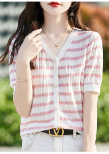 2024 New Ice Silk Short Sleeve Womens Mulberry Silk T-Shirt Short Knitted V-Neck Striped Real Silk Top Summer Small Shirt