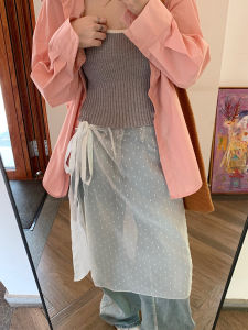 Spring New Style Korean Style Lace Trim Bib Skirt Womens Floral Half-length Polyester Midi Skirt with Belt Spring 2024