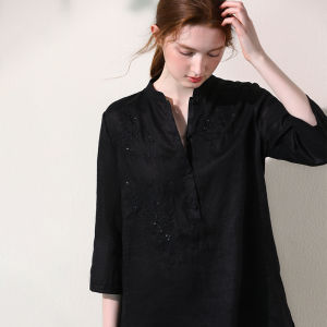 Miccbeirn | Pure Linen Heavy Embroidery New Chinese Style Retro Shirt Stand Collar Mid Sleeve Commute Shoulder Pure Atmosphere Commute