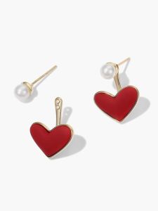 ต่างหูรูปหัวใจสีแดงประดับมุกเทียมสุดหรูสำหรับผู้หญิง เครื่องประดับแฟชั่นสไตล์เกาหลี เครื่องประดับผมอเนกประสงค์สำหรับฤดูใบไม้ผลิและฤดูร้อน