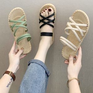 Fashionable Flat Roman Sandals Womens Fairy Style Slip-On Beachwear Anti-Slip Daily Comfy PVC Knitted Youth Footwear