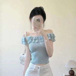 VKSOD | Korean Style Womens Summer Fashion White Denim Straight Leg Pants Two-Piece Set With One-Shoulder Top And Lace Trim Skirt