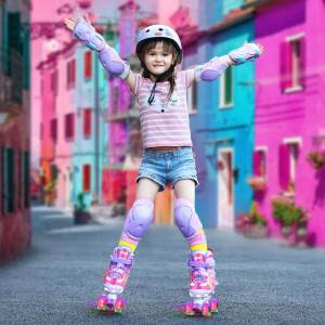 Kids Roller Skates Size Adjustable Double Row Skates Two Line PU Roller Skate Shoes 3 to 15 Years Child Teenagers 4 Wheels Patines Shoes Outdoor Sports Toys Boys Girls Gift
