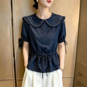 SHUAIYUE | Áo Jean Thiết Kế Cổ Xòe Nẹp Eo