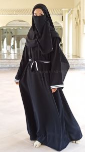 Dasmont Fashion Abaya Jetblack Hitam Pekat Basic Dress Arab Gamis List Putih Tali Pinggang