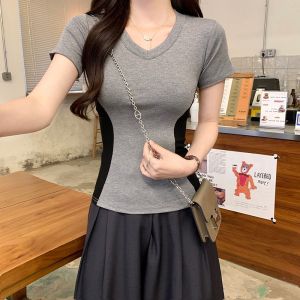 Womens Casual Slim Regular T-Shirt V-Neck TShirt Ladies Fashion Short Sleeve Summer Hottie Gril Medium Splicing Tops Shirts Clothing Tighten the waist #2394