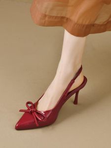 Spring 2025 Red Patent Leather Butterfly Knot Decorated Pointed Toe High Heel Mule Sandals Womens Open Toe Slip-On Shoes