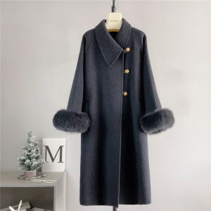 Pure Wool Double-Sided Trench Coat with Golden Knot Button Long Sleeve Natural Fox Fur Cuff Autumn Winter New Style Warmth