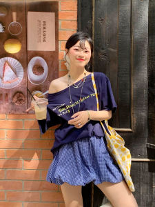 Áo Thun Cotton Tay Ngắn Hở Vai Mùa Hè Dáng Rộng Thoải Mái in Chữ Cổ Chữ V Chéo Cho Nữ