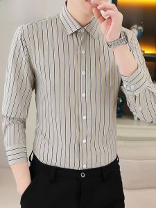 HENGYUANXIANG | Áo sơ mi nam tay dài kẻ sọc mỏng thường ngày mùa xuân thu công sở chống nhăn phong cách trẻ trung quần áo công sở bằng polyester