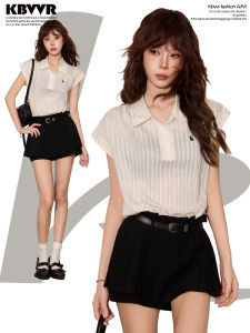 KBVVR | Vertical Stripes Polo Collar Sleeveless Short Tee Womens Stylish Cropped Top
