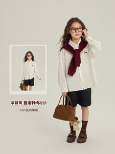 Girls Korean Style Simple Embroidered College Wind White Shirt Autumn Top Childrens Loose Layered Long Sleeve Turn-down Collar Shirt