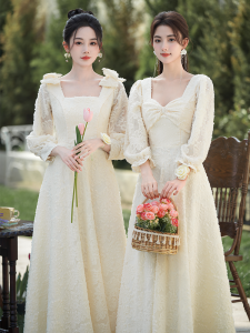Champagne Color Maids Dress Long Sleeve Womens Style Sister Group Elegant Long Sleeve Spring Autumn Winter Maids Gown