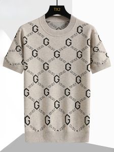 HENGYUANXIANG | Hengyuanxiang 2023 Mens Knitted Short Sleeve Sweater Trendy Print Striped Base Layer Shirt Autumn Winter Casual Loose Fit