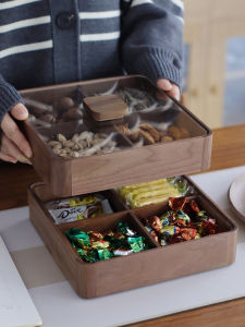 New Chinese Style Dry Fruit Box Nut Snack Storage Box Living Room Tea Table Candy Box Walnut Nut Partitioned Solid Wood Box