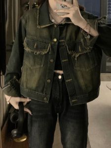 แจ็คเก็ตยีนส์ทรงสั้นสไตล์อเมริกันย้อนยุคสำหรับผู้หญิง ฤดูใบไม้ผลิ 2024 ทรงเข้ารูป ปกโปโล กระดุมเดียว ทรงหลวม แจ็คเก็ตยีนส์ทรงสั้น