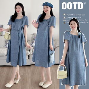 Ready Stock Pregnant Women Summer Dress Tensilk Denim Dress Long Dress With Belt Maternity Dress
