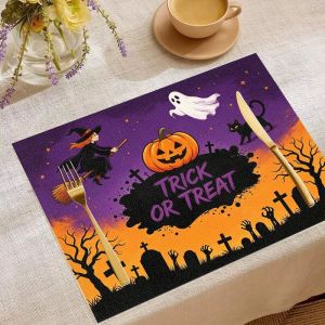 VIKAMA 2/4/6pcs Halloween Table Mat Pumpkin Ghost Black Cat Witch Broom Bat Star Table Mat Party Table Decoration