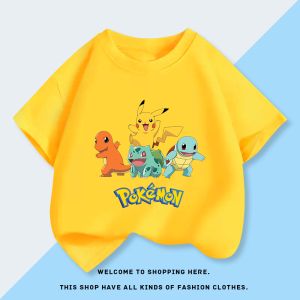 Bandai | Pikachu Small Fire Dragon Bulbasaur Seed Genie Turtle Boys and Girls Pure Cotton T-shirt Short Sleeve Chic and Stylish Top