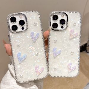 [Mới] khung & viền dòng Kim Cương nhiều vỏ điện thoại Ngọc Trai & trái tim 3D có vòng đeo tay cho iPhone 12 13 14 15 16 Series
