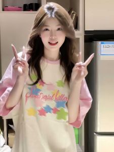 Dopamine Short Sleeve T-Shirt Womens Loose Fit Summer Fashionable Printed Cotton Top for Junior And High School Students