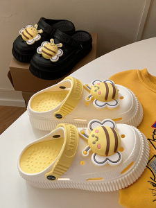 Thin Stripe Young Adult Heart Outdoor Slippers Summer Eva Thick Sole Height Increasing Cute Little Bee Easiest for Match Hole Shoes for Women