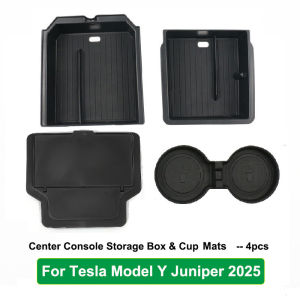 For Tesla Model Y Juniper 2025 2026 Launch Console Armrest Upper Lower ABS with Silicone Storage Box Cup Holder Mat Camera Cover