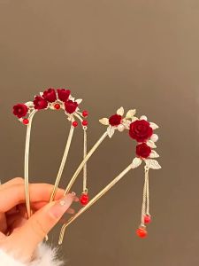 Trâm Cài Tóc Đính Hoa Hồng Đỏ Tua Rua Phong Cách Trung Hoa Thời Trang Cho Nữ - Trâm Tết Noel Giáng Sinh