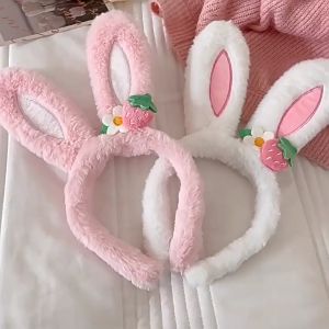 AHOURR ยางรัดผมน่ารักสตรอเบอร์รี่น่ารักดอกไม้กระต่ายหูสายคล้องผมสุภาพสตรีตุ๊กตาเด็กอุปกรณ์เสริมผม