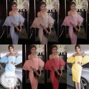 SG310  เดรสเกาะอกออกงานแขนพองผ้าแก้ว ผ้าซาร่าเนื้อเงา งานซิปหลังใส่สม็อกหลัง ทรงสวยๆคร่า ใส่งานแต่ง เพื่อนเจ้าสาว ใส่ดินเนอร์