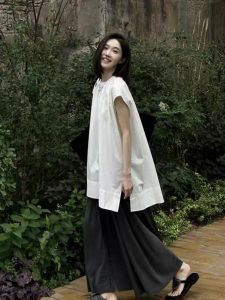 Loose Old Money Style White Flying Sleeve Linen Shirt Womens Summer Outwear Sleeveless Tops Mid Length Long Length Doll Shirt Vest
