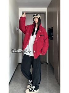 เสื้อแจ็คเก็ตบินแบบหนาสีแดงสำหรับผู้ชาย เสื้อสเวตเตอร์คอตตอนฤดูหนาวแบบหนาใหม่ ซิปปิด ทรงหลวม สำหรับคู่รัก