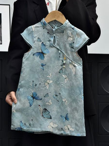 Girls Summer Dress Childrens National Style Improved Cheongsam Blue Butterfly Knot Sleeveless Princess Skirt Tourist Scenarios