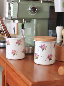 Vintage French Enamel Sealed Tin Canister Tea Storage Coffee Shop Chopsticks Tube Organizer Kitchen Storage Utensil by Laomai