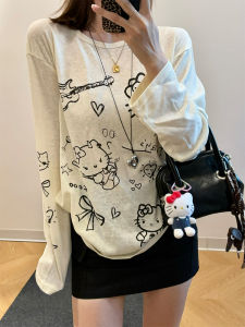 Lazy Girl Kitty Print Long Sleeve T-Shirt Womens Loose Sun Protection Casual Korean Style Cartoon Top Comfortable Cotton Blend