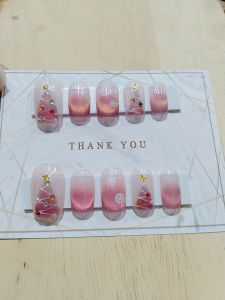 เล็บปลอมงานเจลแท้100% สีลูกแก้วแคนดี้ชมพูอมส้ม เล็บเจลสีลูกแก้วคริสต์มาส เล็บpvcเจลแท้ พร้อมแปะ ฟรีกาว+ตะไบ ทุกชุด