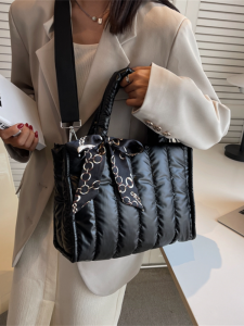Elegant Womens Totes Bag with Silk Scarf Accent Quilted Crossbody Bags for Women Casual Solid Color Padded Womens Shoulder Bag