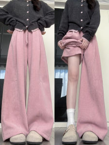 Pink Corduroy Pants Womens Autumn Winter Loose Wide Leg Pants Fleece Lined Thickened Sports Sweatpants High Waist Straight Leg
