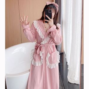 ชุดนอนผู้หญิงผ้าฝ้ายแท้ฤดูใบไม้ร่วงและฤดูหนาว เสื้อคลุมน้ำตัวยาว เสื้อคลุมเช้า ชุดนอนสำหรับเจ้าสาว ชุดนอนผ้าฝ้ายแท้สีขาว