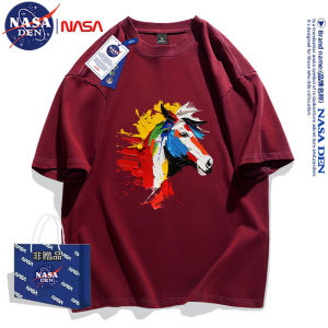 NASA Collaborative Summer Pure Cotton New Solid Color Short Sleeve Womens Heavyweight T-shirt Patchwork Casual Shoulder Sleeve Top Print