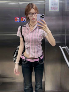 Y6Y | Pink Plaid Short Sleeve Shirt Womens 2025 New Style Slim Fit American Design French Style Top Sweet Style Polyester Fiber