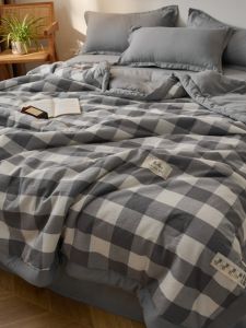 Japanese Style Simple Grid Washed Cotton Summer Lightweight Air Conditioning Quilt Set of Four Machine Washable Cooling Sensation