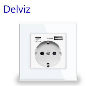 เต้ารับ USB แบบติดผนัง Delviz Type C 5V 3100mA พร้อมพอร์ต usb คู่ แผงกระจกนิรภัยสีขาว ปลั๊กไฟ 16A มาตรฐาน EU