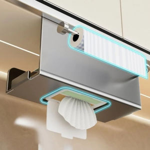 Multifunctional Kitchen Paper Towel Holder No Drilling Adhesive Storage Rack With Plastic Wrap Cutter For Cabinet Door