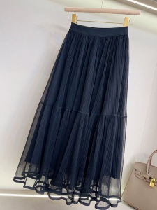 กระโปรงจีบผ้าตาข่ายยาวปานกลาง กระโปรงทรงเอเอวสูง สไตล์สตรีท ฤดูร้อน 2023 กระโปรงทรงเอสีพื้น