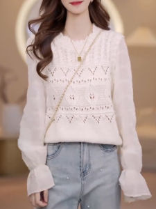 Shalldoer | French Faux Two-Piece Lace Hollow Out Long Sleeve Spliced Chiffon Knitwear
